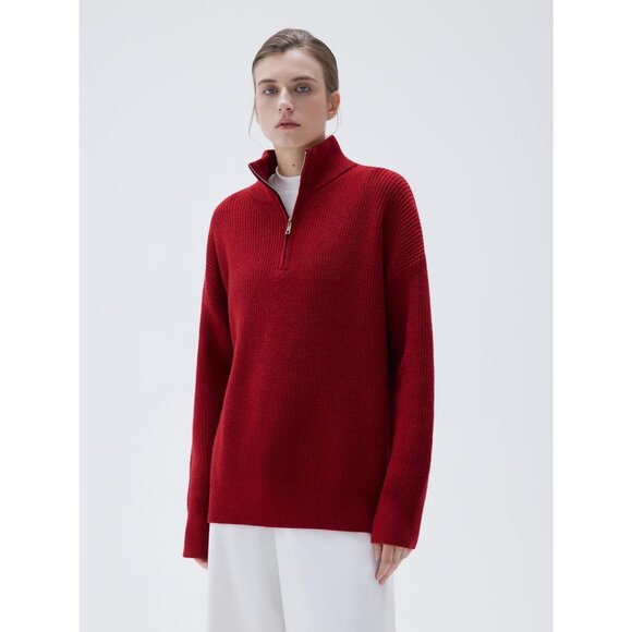 Women Red Oversized Cashmere Collared Ribbed Long Sleeve Sweater - Picture 5 of 7